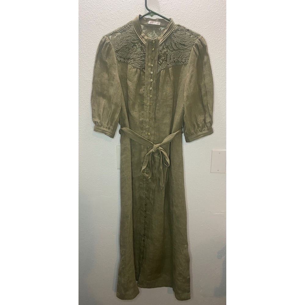 G.D.S. Olive Green Linen Blend Maxi Dress Womens 8 Embroidered Lace Boho‎ Belted
